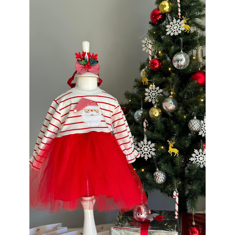 Kız Çocuk Yeni Yıl Noel Baba Tüllü Yılbaşı Elbise Taç Hediyeli